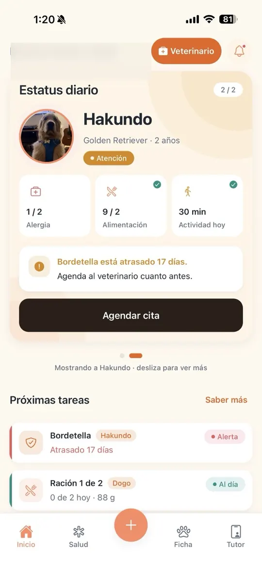 Vista real de Danka con estatus diario y próximos cuidados